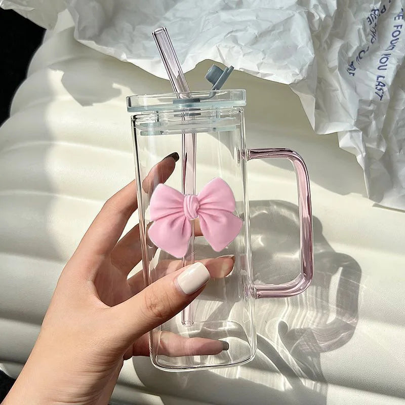 Pink Bow Square Mug with Lid & Straw