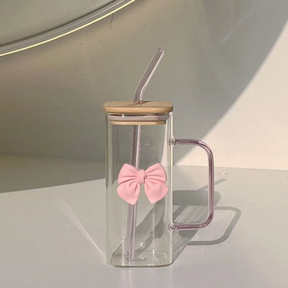 Pink Bow Square Mug with Lid & Straw