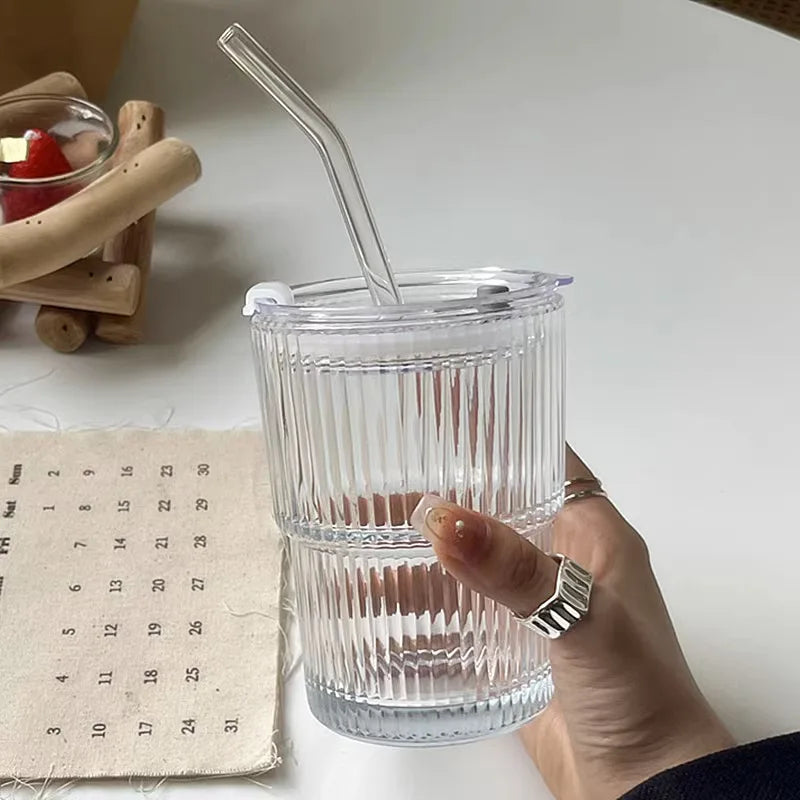 Ribbed Coffee Glass Cup With Lid and Straw