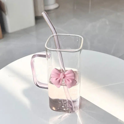 Pink Bow Square Mug with Lid & Straw