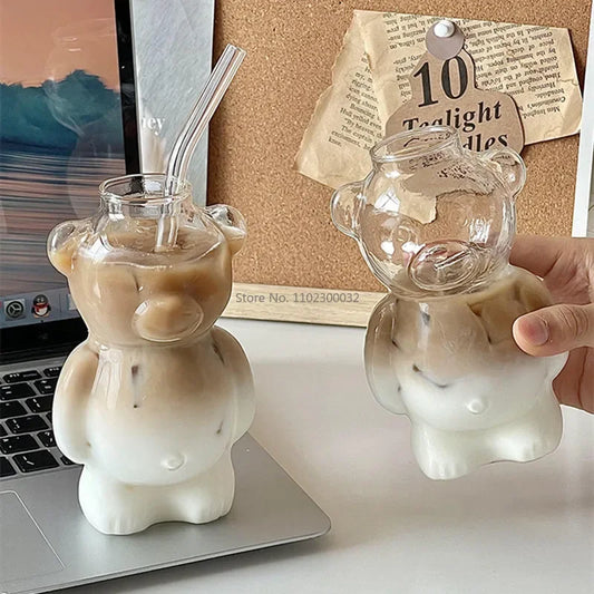 Bear-Shaped Glass Cup with Straw 320 ML