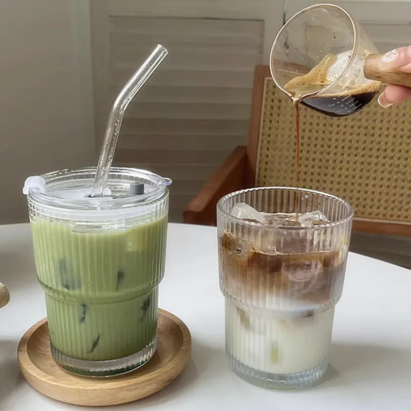 Ribbed Coffee Glass Cup With Lid and Straw