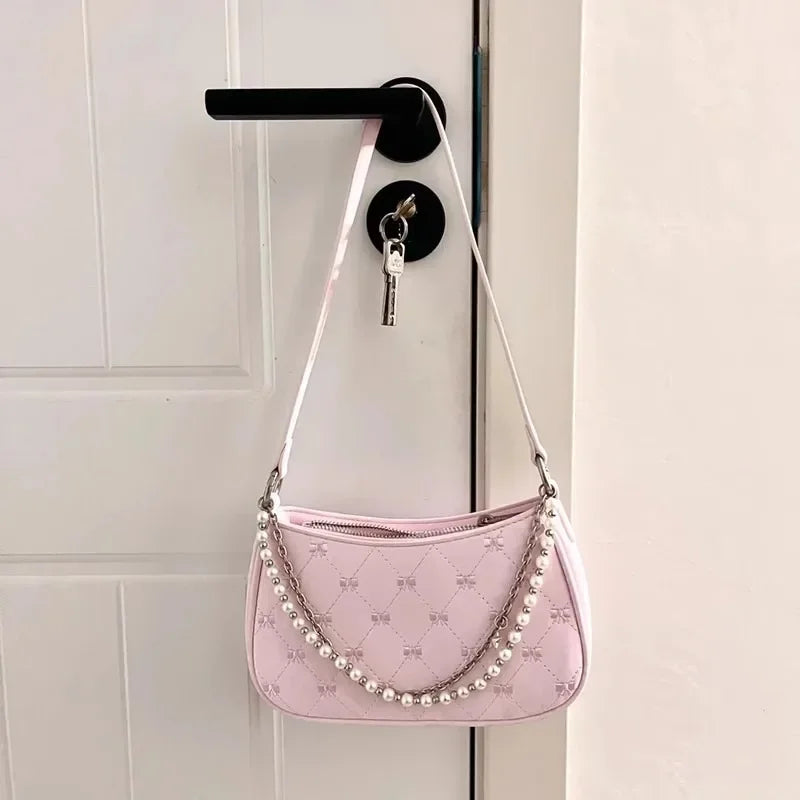 Pink Bow Shoulder Bag with Pearl Chain