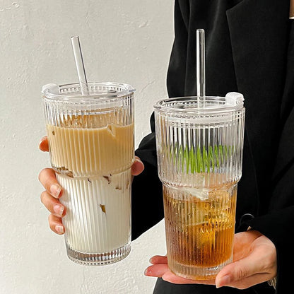 Ribbed Coffee Glass Cup With Lid and Straw