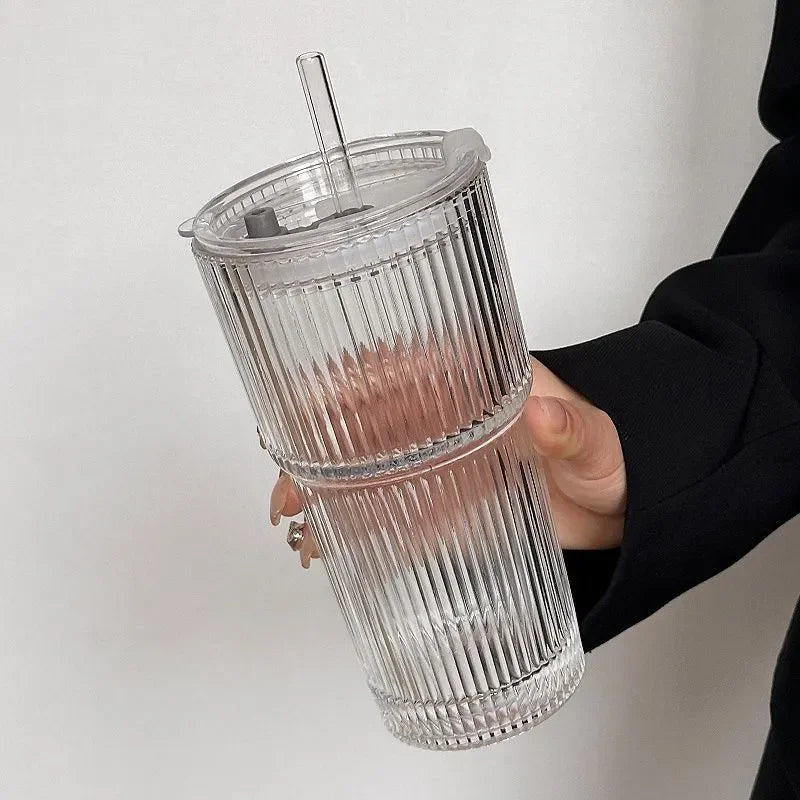 Ribbed Coffee Glass Cup With Lid and Straw