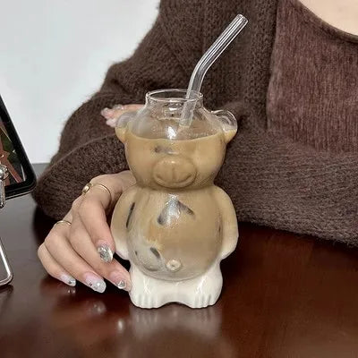 Bear-Shaped Glass Cup with Straw 320 ML