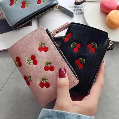 Cherry Embroidered Purse with Buckle – Compact and Stylish