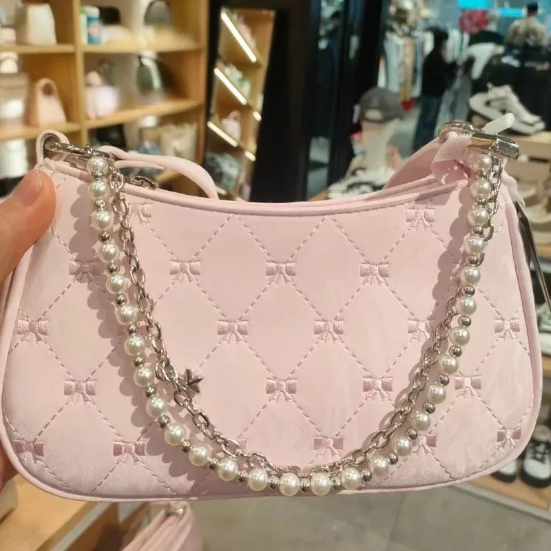 Pink Bow Shoulder Bag with Pearl Chain