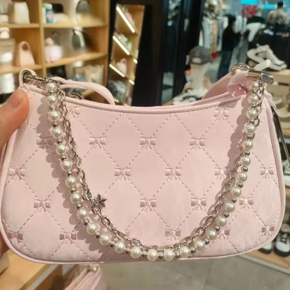 Pink Bow Shoulder Bag with Pearl Chain