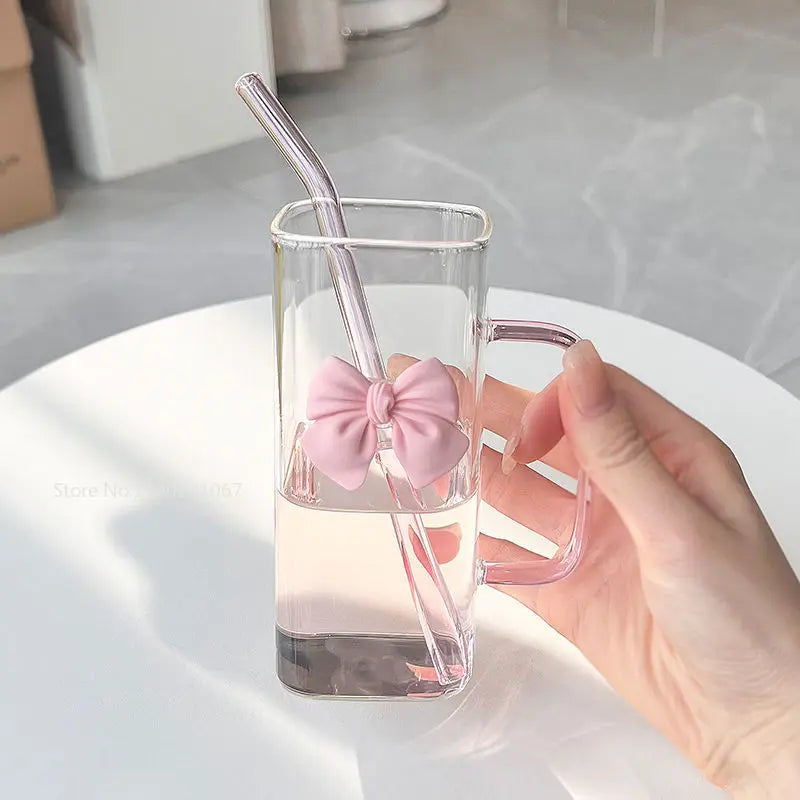 Pink Bow Square Mug with Lid & Straw