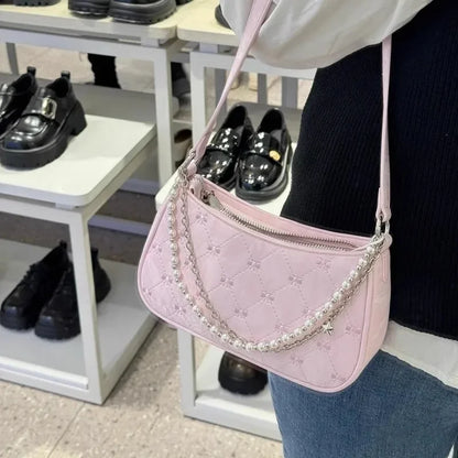 Pink Bow Shoulder Bag with Pearl Chain