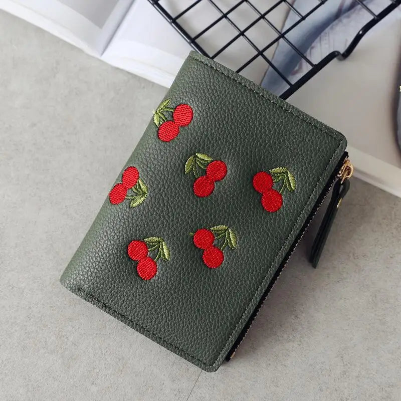 Cherry Embroidered Purse with Buckle – Compact and Stylish