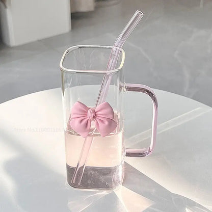 Pink Bow Square Mug with Lid & Straw