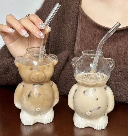 Bear-Shaped Glass Cup with Straw 320 ML